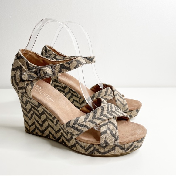 Toms sienna wedge sandal chevron burlap tan black - Picture 3 of 13